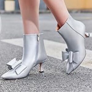 Glamorous Silver Heeled Boots with Bow
